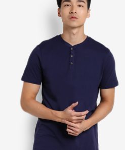 Navy Short Sleeve Grandad Neck T-Shirt by Burton Menswear London for Male