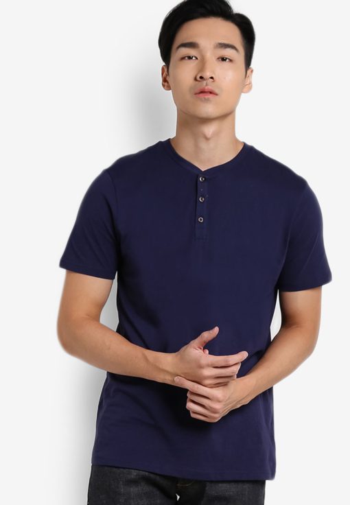 Navy Short Sleeve Grandad Neck T-Shirt by Burton Menswear London for Male