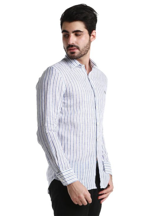 White Long Sleeve Shirt with Blue/Orange/Brown Stripes by Fred Perry Green Label for Male