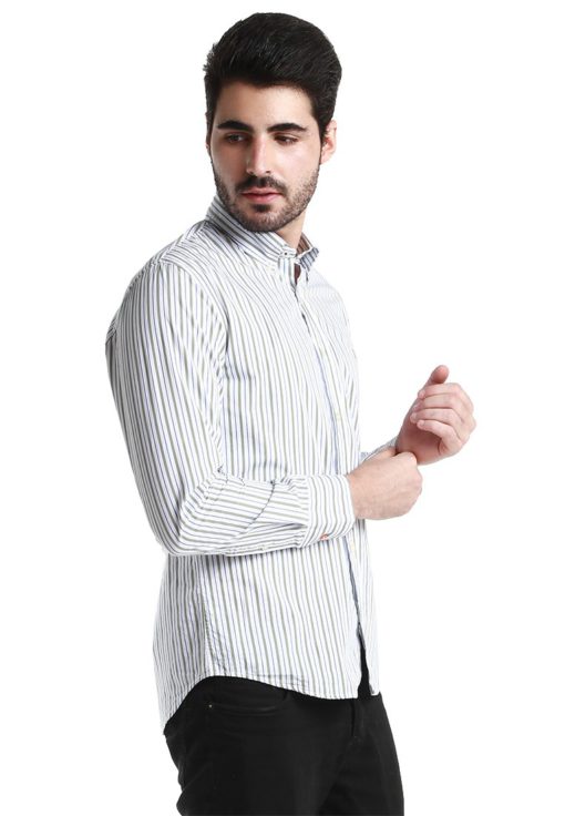 White Long Sleeve Shirt with Blue/Olive Green Striped by Fred Perry Green Label for Male