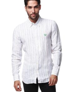 White Long Sleeve Shirt with Multi Striped by Fred Perry Green Label for Male