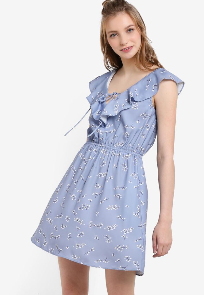 Printed Dip Neck Ruffle Dress by Something Borrowed for Female