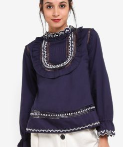 Embroidered Poplin Top by TOPSHOP for Female