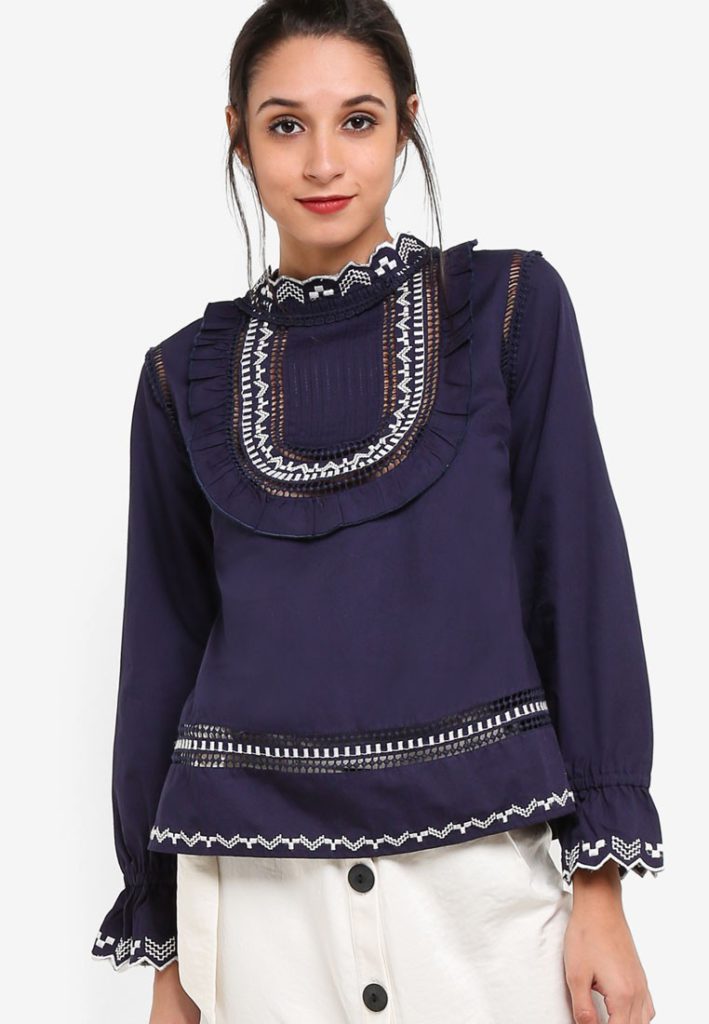 Embroidered Poplin Top by TOPSHOP for Female